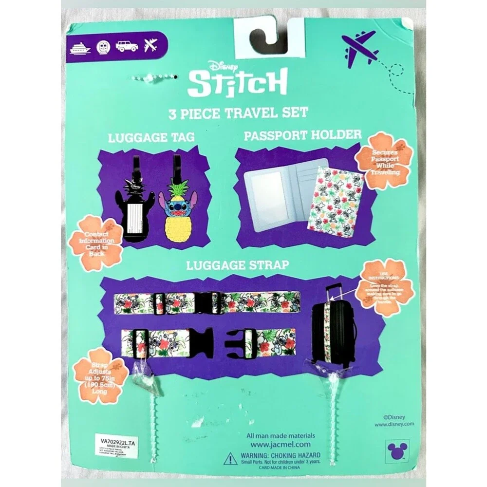 Disney Stitch 3-Piece Travel Set Passport Holder Luggage Tag Strap Tropical - Picture 2 of 5